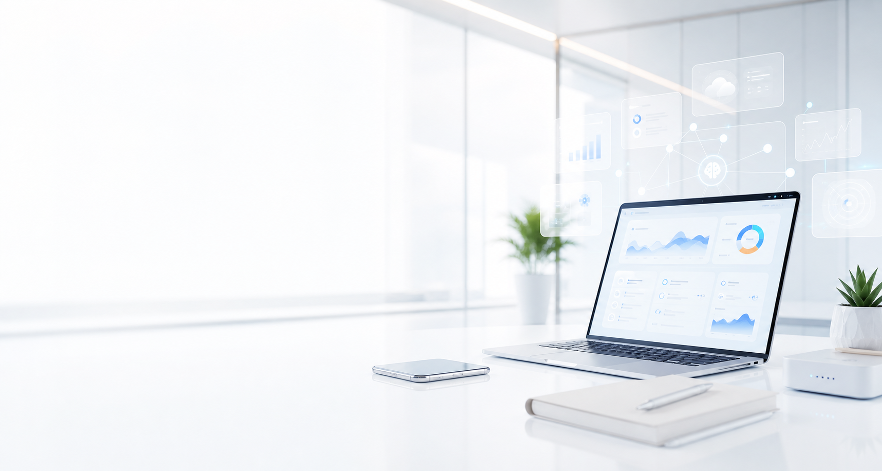 Premium technology workspace with laptop, network device, dashboards and automation visuals