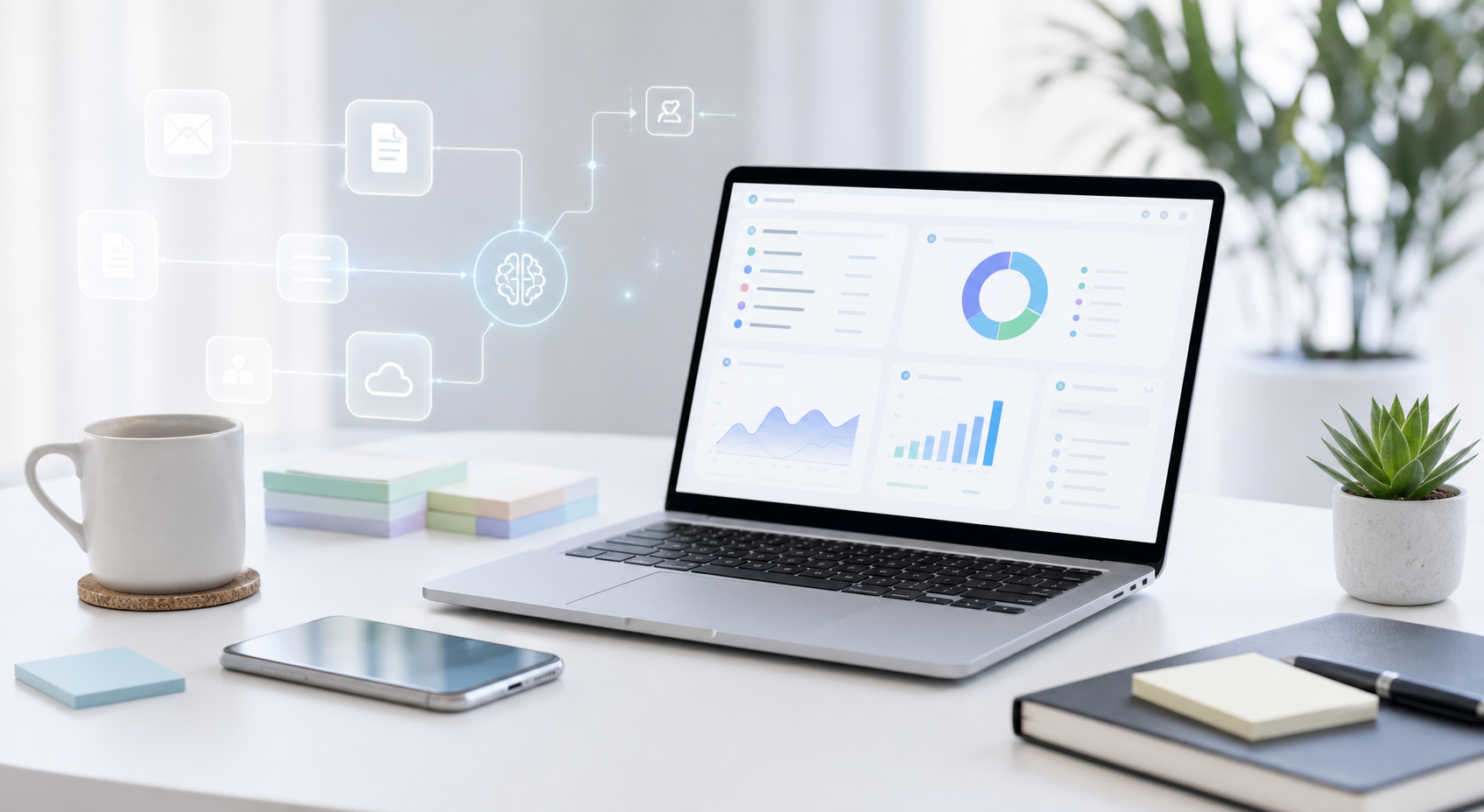 Clean workspace with laptop, workflow dashboard and automation visuals